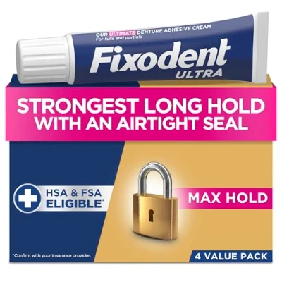 Image of Fixodent Ultra Max Hold Secure Denture Adhesive Cream for Full and Partial Wearers, 2.2oz (Pack of 4)