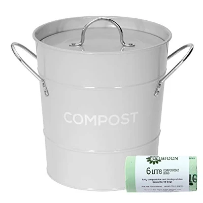 Image of Light Grey Metal Kitchen Compost Caddy &amp; 50x All Green Compostable Bags Composting Bin for Food Waste Recycling