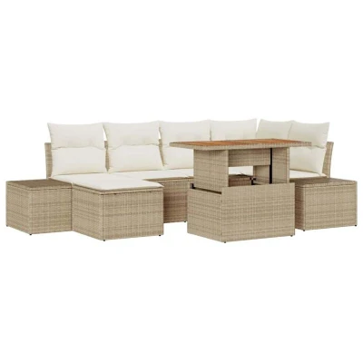 Image of vidaXL 7 Piece Garden Dining Set with Cushions Beige Poly Rattan Acacia