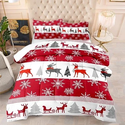 Image of Coverless Duvet Grey Red Christmas King Size Microfiber Bedspreads Lightweight Quilted All Seasons Comforter Soft Throw+2 Pillowcases(50x75cm) 240x220cm