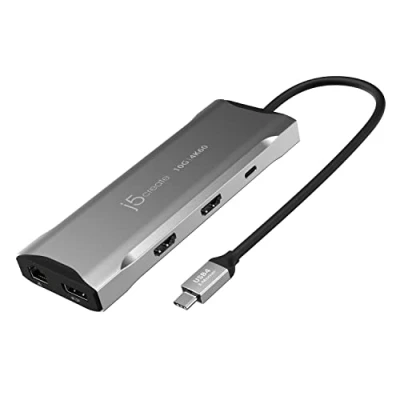 Image of j5create USB C 4K Triple Display Hub HDMI x2, DP, 2 A and 10Gbps, PD 100W, Ethernet, SD 4.0 card reader for XPS, Surface Pro (JCD397)