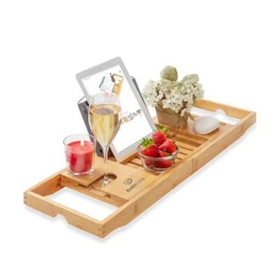 Image of Extendable Wooden Bath Tray Bamboo Bathroom Caddy Trays with Wine Glass, Candle, Phone, Tablet, Book Holder Foldable Board for Fantastic Experience Adjustable Rack, Wood Table