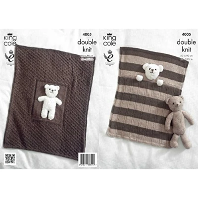 Image of King Cole 4005 Knitting Pattern Baby Blankets and Teddy Bear Toy