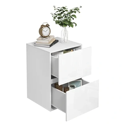 Image of EUGAD Bedside Table with 2 Drawers, High Gloss Surface, White Nightstand Cabinet Storage, 40x40x58 cm, Modern Side End for Bedroom Living Room, 0182ZZ