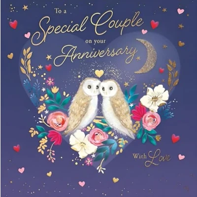 Image of Noel Tatt Special Couple Wedding Anniversary Card Owl &amp; Flowers Under Moonlight Design Eco Friendly Recyclable