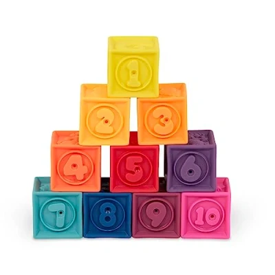 Image of B. Toys One Two Squeeze Baby Blocks Building Educational 6 Months &amp; up with Numbers, Shapes, Animals Textures 10 Soft Colorful Stacking Bpa Free Multi color