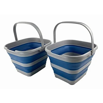 Image of SAMMART 10L Collapsible Rectangular Handy Basket/Bucket (Grey/Mist Blue (Set of 2))