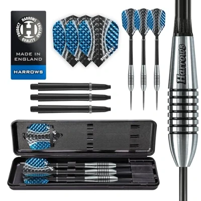 Image of Harrows Bomber 85% Tungsten Darts Steel Tip set with carry case 21g, 23g, 25g &amp; 27g Includes Black Alamo Shafts 100 Micron Dimplex Flights