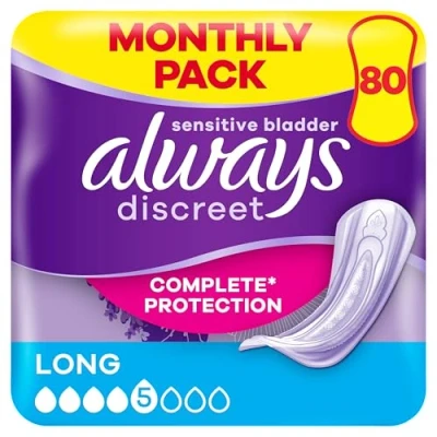 Image of Always Discreet Incontinence Pads Women, Long Plus, Absorbency 5, 80 Sanitary Towels (20 x 4 Packs), Complete Protection for Bladder Weakness Odour Neutraliser