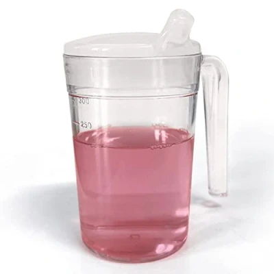 Image of Shatterproof Mug with Sippy Lid Adult Drinking Aid Cup Elderly Small Spout Drink One Handle Hand Tremor Arthritis Weak Grip Strong Hardwearing