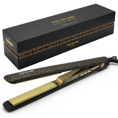 Image of Corioliss C3 Hair Straightener for Women Professional Titanium Extra Long Plates Ionic Flat Iron Temperature Control 135C to 235C Straightening and Waves UK Plug Leopard Gold