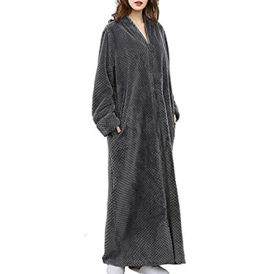 Image of Kinloy Womens Large Full Length Dressing Gown Ladies Luxury Terry Towelling Robe Bathrobe V Neck Housecoat Night Grey XL 14 20 UK