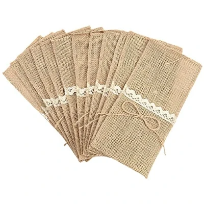 Image of Alnicov Natural Burlap Lace Utensil Cutlery Holders Pouch,Jute Napkin Bags for Vintage Wedding Party dinner Thanksgiving banquet Tableware Decorations(Jute Bow 20 Packs)