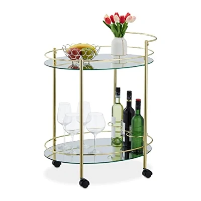 Image of Relaxdays Serving Trolley, 4 Castors, 2 Shelves, HWD: 79 x 45 65.5 cm, Cart for Drinks and Snacks, Glass &amp; Iron, Gold