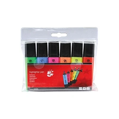 Image of 5 Star Highlighters Chisel Tip 1 4mm Line Assorted [Wallet 6], Blue/Green/Orange/Pink/Red/Yellow