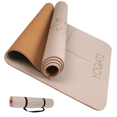 Image of YOGATI Yoga Mat with Alignment Lines. Mats carry strap perfect for Pilates and Fitness Workout, Eco Friendly Non Slip Thick women men Matt. (Brown)