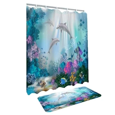 Image of Easylife Bathroom Shower Curtain and Bath Mat Set, Mould Proof Waterproof L180cm x W180cm with Matching L80cm W50cm, Dolphin Theme