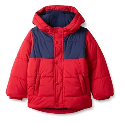 Image of Amazon Essentials Boys&#039; Heavyweight Hooded Puffer Jacket, Navy Red Colour Block, 11 12 Years