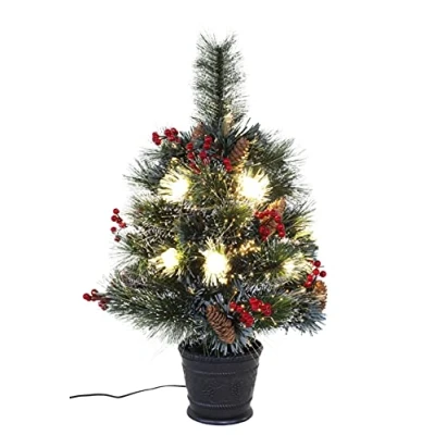 Image of Christmas Concepts® 2ft (60cm) Pre Lit Frosted Fibre Optic Tree With Warm White LED Rose Lights &amp; Natural Cones Red Berries