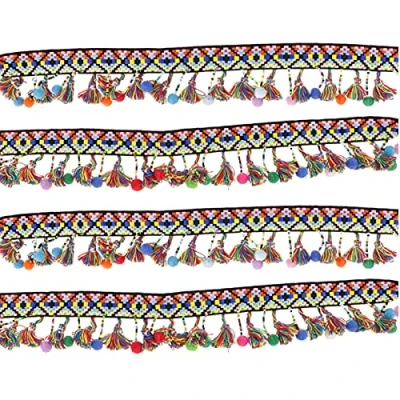 Image of Yoogeer 2 Yard Colorful Pom Beads Fringe Tassels Braid Jacquard Ribbon Trim 60mm for DIY Clothes Leather Craft Accessories