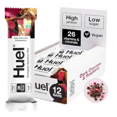 Image of Huel Complete Nutrition Bar, 12 x 55g Bars, Dark Chocolate Raspberry, High Protein Plant Based Low Sugar, Fibre, Snack with Vegan Chocolate, Under 210 Calories