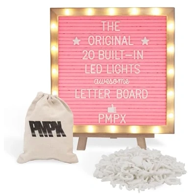 Image of Letter Board THE ORIGINAL Pink Felt with Stand, Built in LED Lights 10 x Menu + Wood Frame, 340 Letters, Emojis Cursive words Custom Sign Messages, Pregnancy Announcement, Weddings