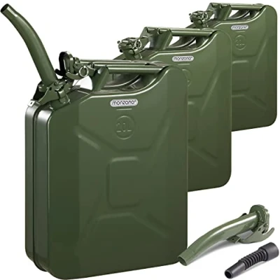 Image of MONZANA® 3x 20 Litre Metal Jerry Can Fuel Petrol Diesel Oil Water Canister Including Pouring Spout Extension 20L Steel 36x17x46cm UN Approval Olive Green Home Workshop Car