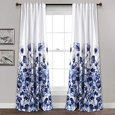 Image of Lush Decor Zuri Flora Curtains Room Darkening Window Panel Set for Living, Dining, Bedroom (Pair), Navy, Polyester, 52&quot; W x 95&quot; L