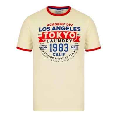Image of Tokyo Laundry Men&#039;s Vintage Retro Motif Jersey Grindle Crew Neck Ringer T Shirt Snow White
