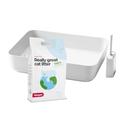 Image of Hoopo® Poh Cat Litter Tray with Scoop Open Home Decor Luxury for Kittens and Cats Easy Care 50 x 37.5 12.7 cm (white)