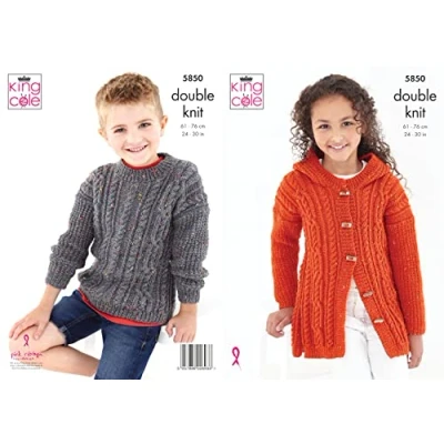 Image of King Cole 5850 Knitting Pattern Childrens Cardigan and Sweater in Big Value Tweed DK,Multi, 24 30 inch