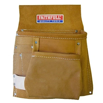 Image of Faithfull Tan Suede Leather Tool &amp; Nail Pouch, Steel Hammer Holder For Belt