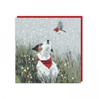 Image of Charity Christmas Cards Jack Russell Terrier and Robin in a Snowy Meadow with Flitter Finish Eco Friendly Pack of 6 By Art Beat