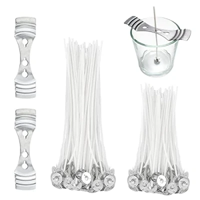 Image of iTGOOS 100 Pcs Candle Wicks With 2 Wick Holder Sustainer,Pre Waxed For Making,Wicks Soy Wax Making Metal Tabs,Candle Kit DIY Candles 10.5CM &amp; 15.5CM, White, (TGGB LZDX (100+2)P)