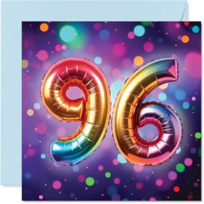 Image of 96th Birthday Cards for Men Women Rainbow Foil Balloon Happy Card 96 Year Old Man Woman Dad Auntie Uncle Wife, 145mm Bday Greeting