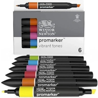 Image of Winsor &amp; Newton, Promarker, Vibrant Tones, Set of 6, Alcohol Based Dual Tip Markers