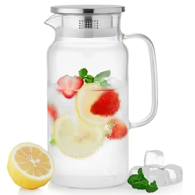 Image of MESNEY 42oz Glass Pitcher with Lid and Spout Heat Resistant Borosilicate Water Jug for Hot Cold Beverages, Compact Carafe Fridge, Ideal Iced Tea, Coffee, Juice, Homemade Drinks