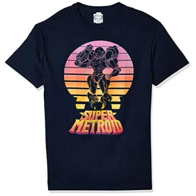 Image of Nintendo Men&#039;s Super Metroid Samus Retro Sunset T Shirt, Navy Blue, Large