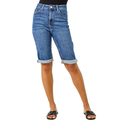 Image of Roman Originals Denim Shorts for Women UK Ladies Knee Length Stretch Jean Cropped Jeggings Turn Up Hem Cut Off Summer High Waisted Smart Fitted Lightweight Casual Holiday Size 20