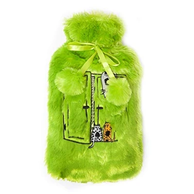Image of Biggdesign Cats Hot Water Bottle with Soft Plush Cover Cold &amp; Compress 68 OZ / 2L Large Washable Bag for Cramps, Neck and Back Pain, Feet Shoulders Green