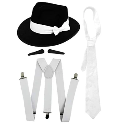 Image of GANGSTER FANCY DRESS ACCESSORY SET WHITE TIE + BRACES 3X SPIV MOUSTACHES BLACK TRILBY HAT 1920&#039;S MOB MEN AL CAPONE
