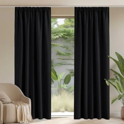 Image of PONY DANCE Blackout Thermal Curtain Draperies Light Blocking Room Darkening Pencil Pleat for Halloween Decor Window Treatment Energy Saving, 2 Panels, Black Curtains 90x90