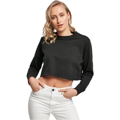 Image of Build Your Brand Women&#039;s Ladies Terry Cropped Crew Jumper Sweater, Black, XL