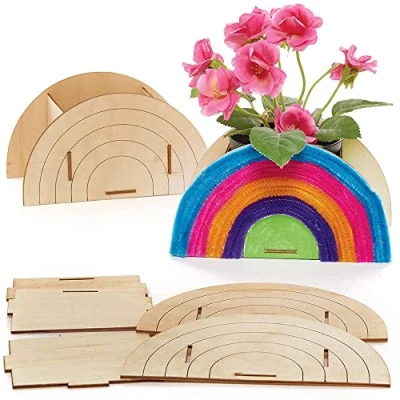 Image of Baker Ross FC763 Rainbow Wooden Flowerpot Kits Pack of 3, Craft for Kids, Plant Pot Painting, Wood Crafts, Green