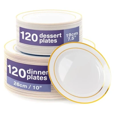 Image of MATANA 240 Premium White Plastic Plates with Gold Rim 120 26cm Dinner Plates, 19cm Dessert Elegant &amp; Reusable Party for Weddings, Birthdays, BBQ, Catering, Parties