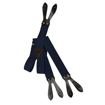 Image of Olata Button Down Formal Dress Suspenders/Braces with Dark Brown Leather, 3.5cm Blue