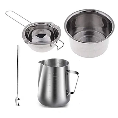 Image of Glossia 4 Set Stainless Steel Double Boiler Long Handle Wax Melting Pot, Pitcher &amp; Mixing Spoon Candle Soap Making, DIY Scented Hand Craft Tools