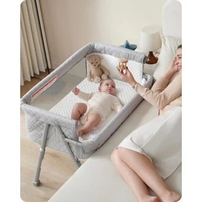 Image of AirClub Bassinet Bedside Sleeper, Co Sleeper Crib for Newborn, with 4 Auto Lock &amp; Adjustable Height, Breathable Mesh&amp;Mattress