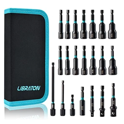 Image of Libraton 21PCS Magnetic Nut Driver Set, Impact Drill Bit Set 1/4&quot;, Metric and SAE Driver, Socket Adapters, Holder, Quick Release Extensions with Storage Bag