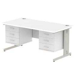 Image of Impulse 1600x800 Desk White Silver Cable Managed + 2x Fixed Pedestal